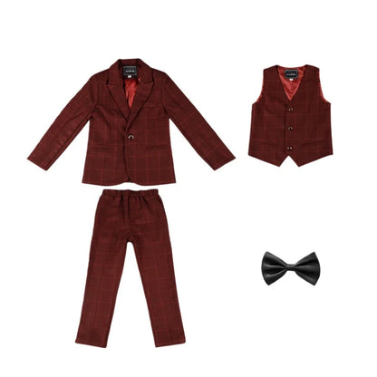 Boys 4Pieces Blue Plaid Suit Set With Jacket Vest Pants Bowtie Kids Formal Wedding Birthday Performance Photography Outfit