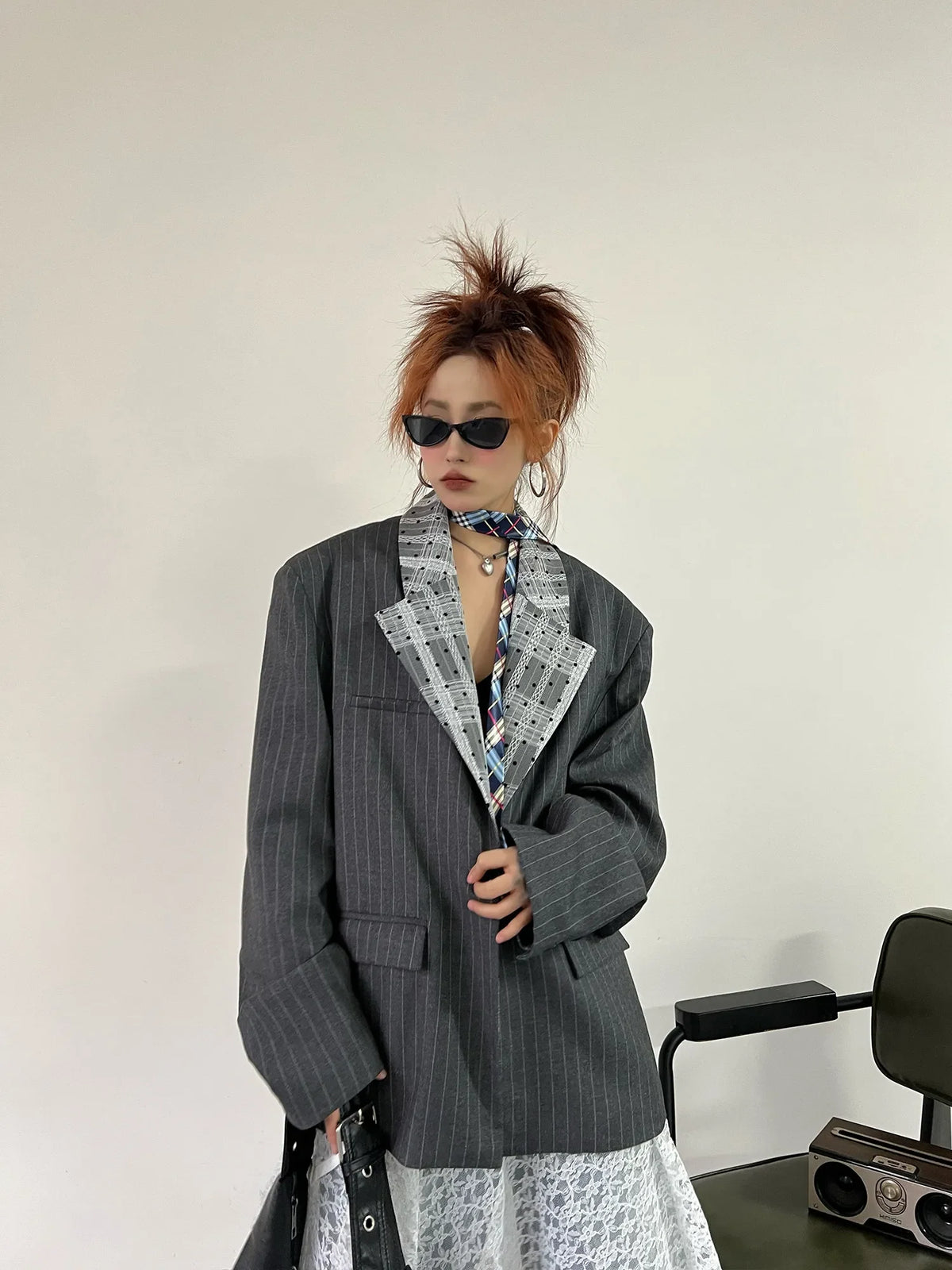 Women's Dark Grey Striped Blazer Jacket Y2k 2000s Vintage Suit Coat Fashion Casual Long Sleeve V-Neck Oversize Outerwear Autumn