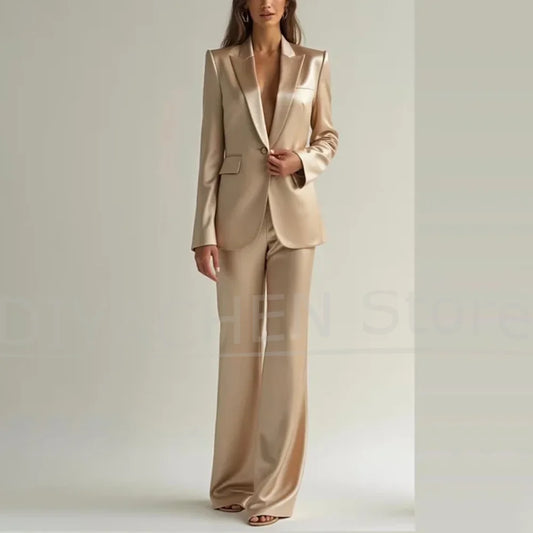New Women's Champagne Satin Suit Set Elegant One Button Office Casual Outfit Two Piece Party Evening Luxury Shiny Suits