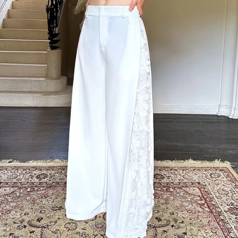 Mens Spliced Flowers Suit Jacket Wide Leg Pants Two Piece Set Loose Fit Spring Summer Designer Elegant Fashion Banquet Suits Set