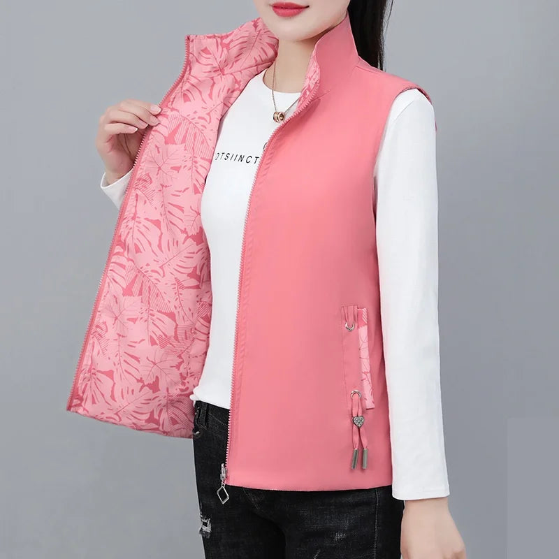 2026 Spring Autumn Women Double-sided Vest Fashion Stand Up Collar Sleeveless Jacket Female Waistcoat Casual Tops Chaleco Mujer