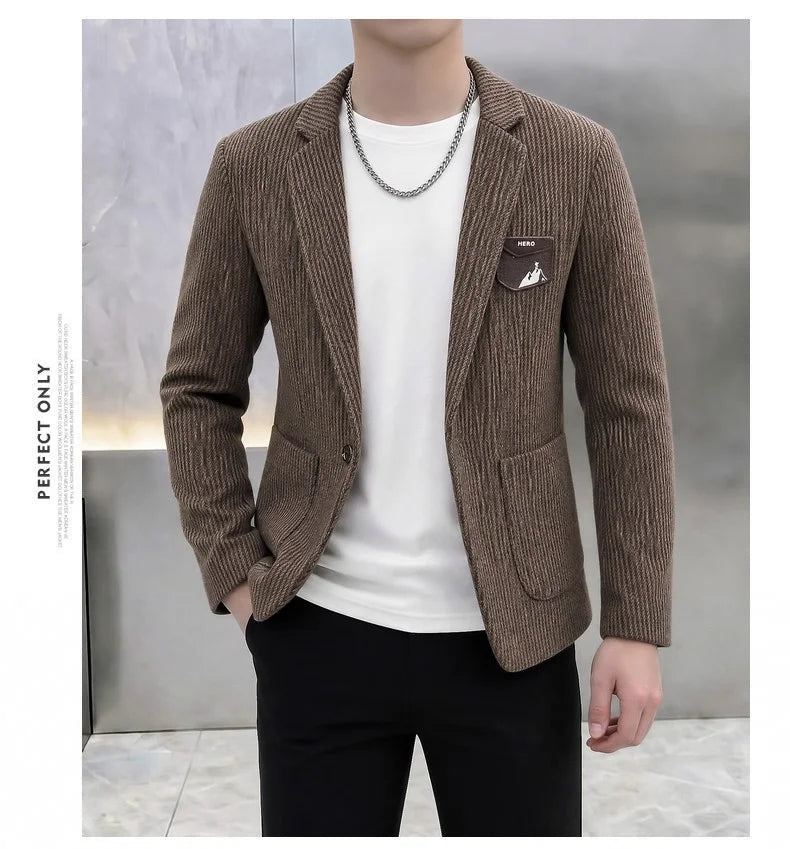 Autumn Winter Suit Jacket Men's Korean Slim Fit Striped Casual Blazers Wedding Business Streetwear Social Dress Jackets 2026
