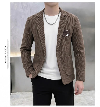 Autumn Winter Suit Jacket Men's Korean Slim Fit Striped Casual Blazers Wedding Business Streetwear Social Dress Jackets 2026