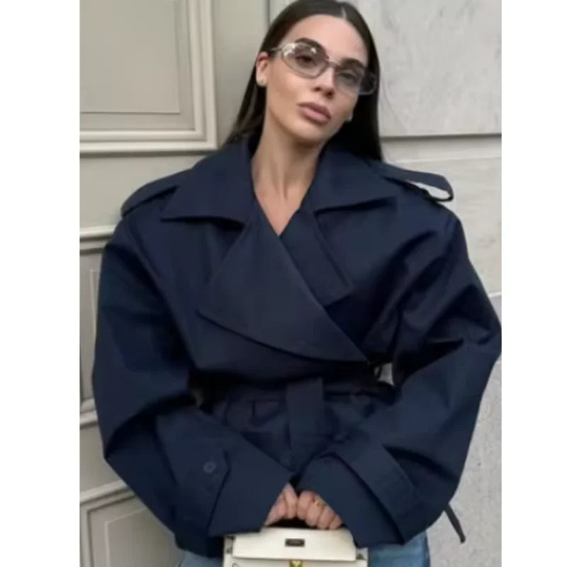 Solid Lapel Lace Up Jacket Elegant Chic Full Sleeve Button Loose Long Coat Women Office Lady Daily Commute Overcoat Windbreaker