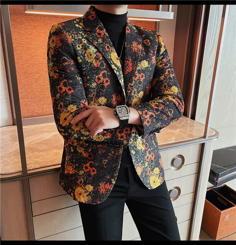 Luxury Art Jacquard Suit Jacket for Men Korean Version Business Casual Blazers Slim Fit Wedding Groom Social Dress Coats M-4XL