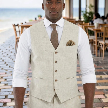 Men's Linen Vest Waistcoat for Wedding & Party – Beige V-Neck Smart Casual
