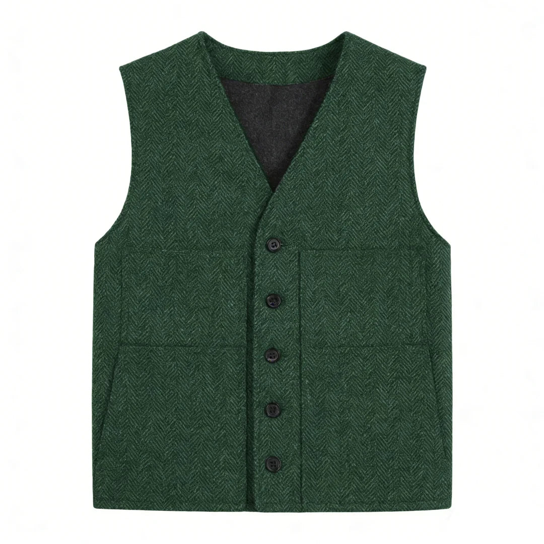 Men's Vest Gray Herringbone Single Button V-Neck Waistcoat for Wedding & Business