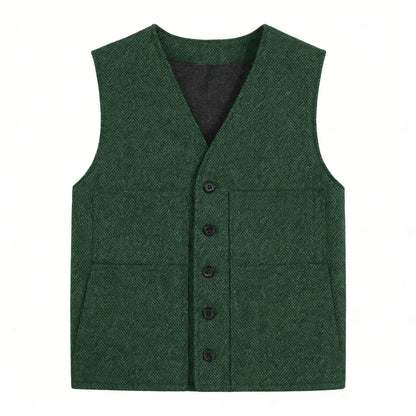 Men's Vest Gray Herringbone Single Button V-Neck Waistcoat for Wedding & Business