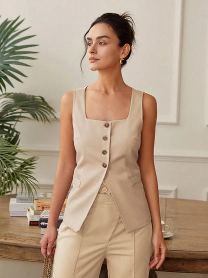 Summer temperament commuter vest vest solid color waistband square collar wide shoulder waistcoat