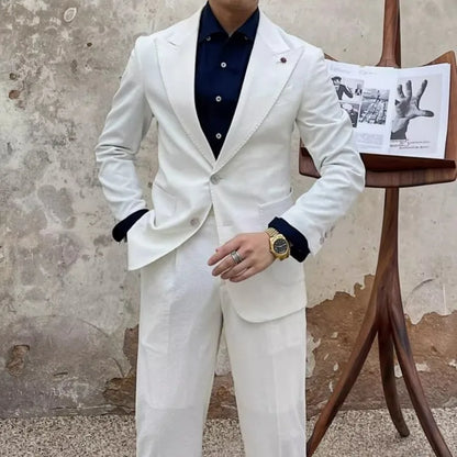 Fashion Mens New Breathable Spring Summer Blazer Pants Two Piece Set Slim Fit Business Casual Work Suit Wedding Party Dress Suit