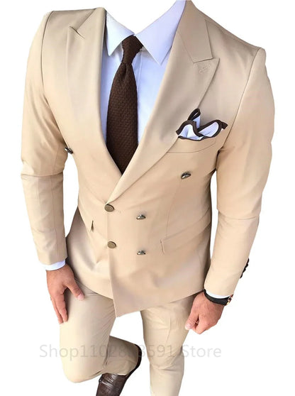 New Solid Men's Suit 2 Pieces Double-breasted Peak Lapel Slim Fit Casual Tuxedos For Wedding/Business 2 Piece Blazer+Pant