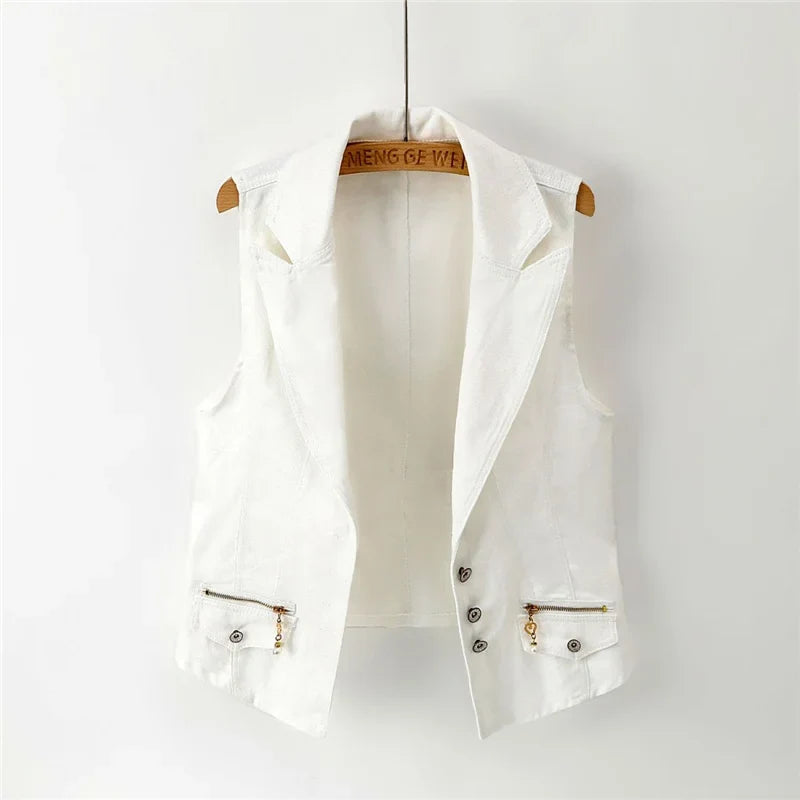 New White Denim Vest Women Waistcoat Slim Short Cowboy Sleeveless Jacket Casual Jeans Vests Female Outerwear Chaleco Mujer