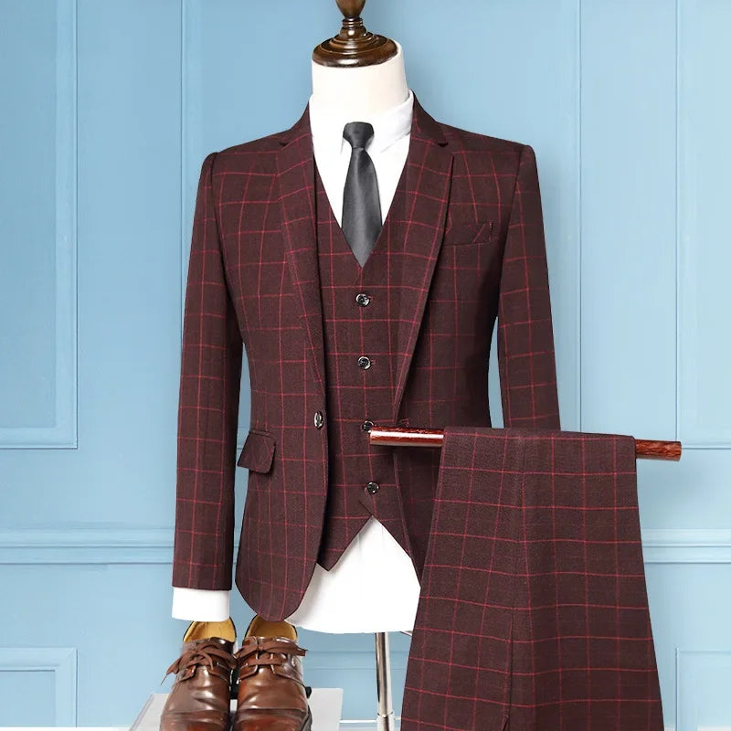 Men's 3-Piece Plaid Suit – Smart Casual Business Formal Set for Men
