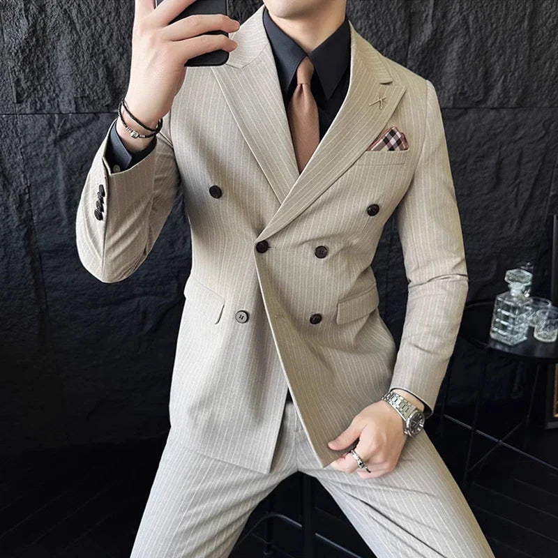 Men's Double-Breasted 2-Piece Suit – Classic Striped, Wedding & Business
