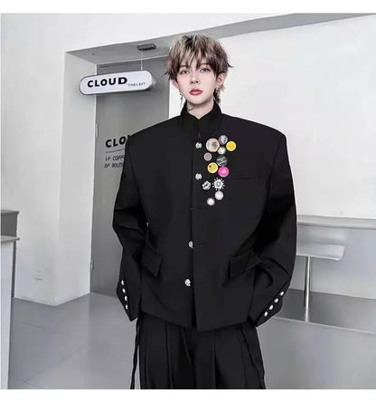 2025 New Handsome Luxury Patchwork Decorate Stand Neck Casual Jacket Men Original Luxury Male Blazer Coat Clothes JY3789