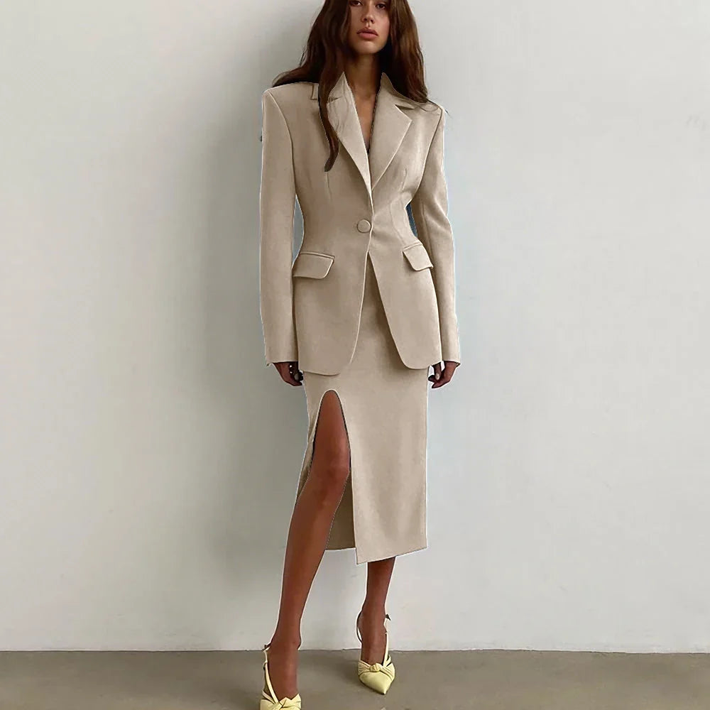 Professional Women's Single Button Notch Lapel Blazer Suit Side Slit Midi Skirt Set Elegant Party Office Fashion 2Piece Outfit