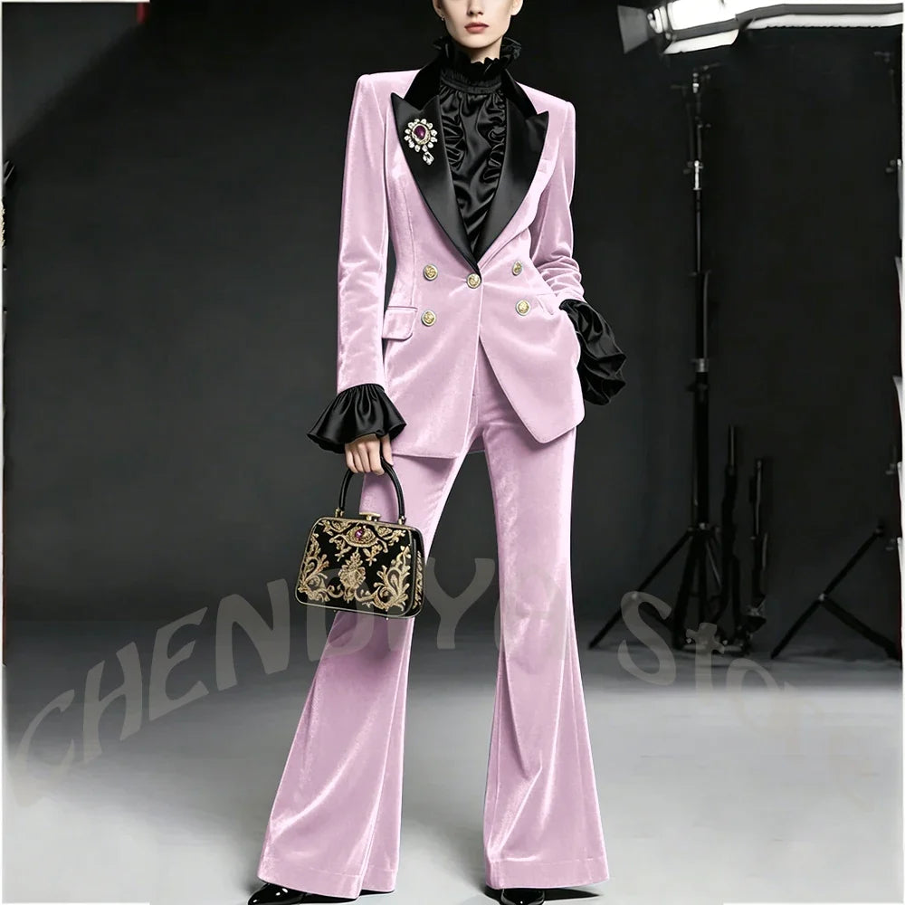 Wine Red Women Suit Stylish Velvet Elegant Outfit Peaked Lapel Blazer Pants Evening Party Prom Female Clothing Two Pieces