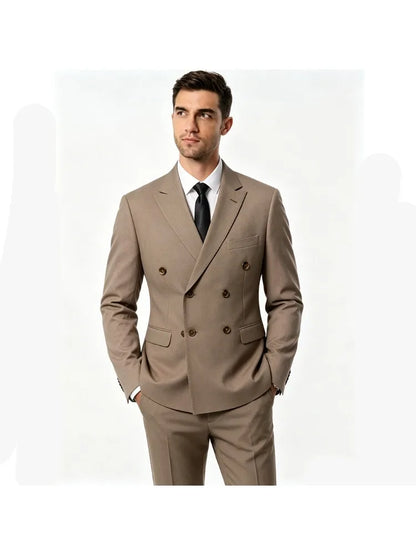 New Men's Double Breasted Khaki Coffee Suit Jacket Slim Fit Formal Business Blazer with Black Tie Wedding Party Office Outerwear