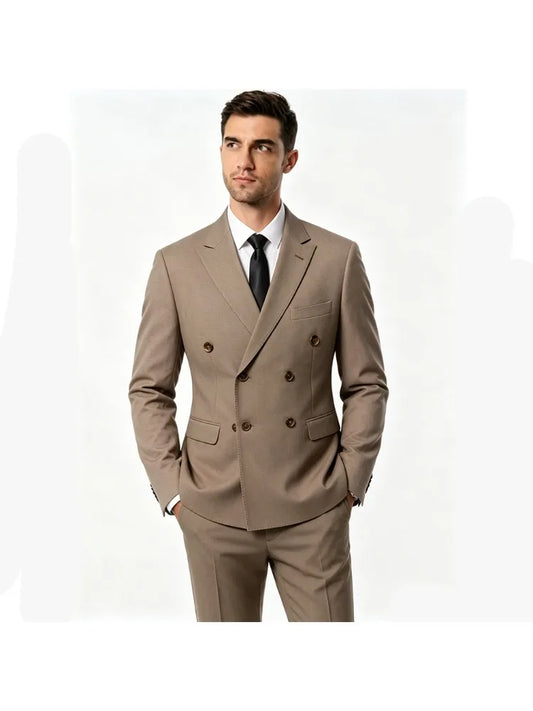 New Men's Double Breasted Khaki Coffee Suit Jacket Slim Fit Formal Business Blazer with Black Tie Wedding Party Office Outerwear