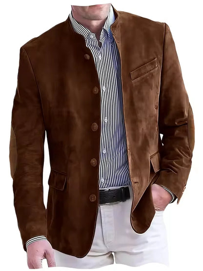 Vintage Men's Suede Blazer Elbow Patch Slim Fit Mandarin Collar Textured Fabric Jacket Business Casual Wedding Party Coat