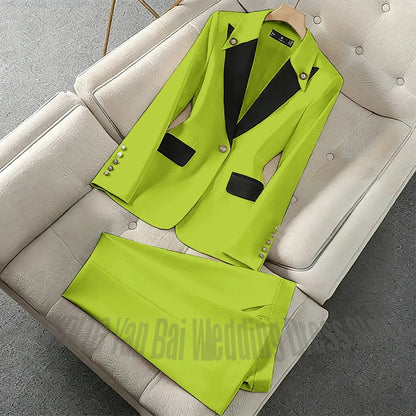 New Unique Women Pant Suit Contrast Color Modern Outfit One-Button Peaked Lapel Casual Fashion Daily Female Clothes Set 2 Piece