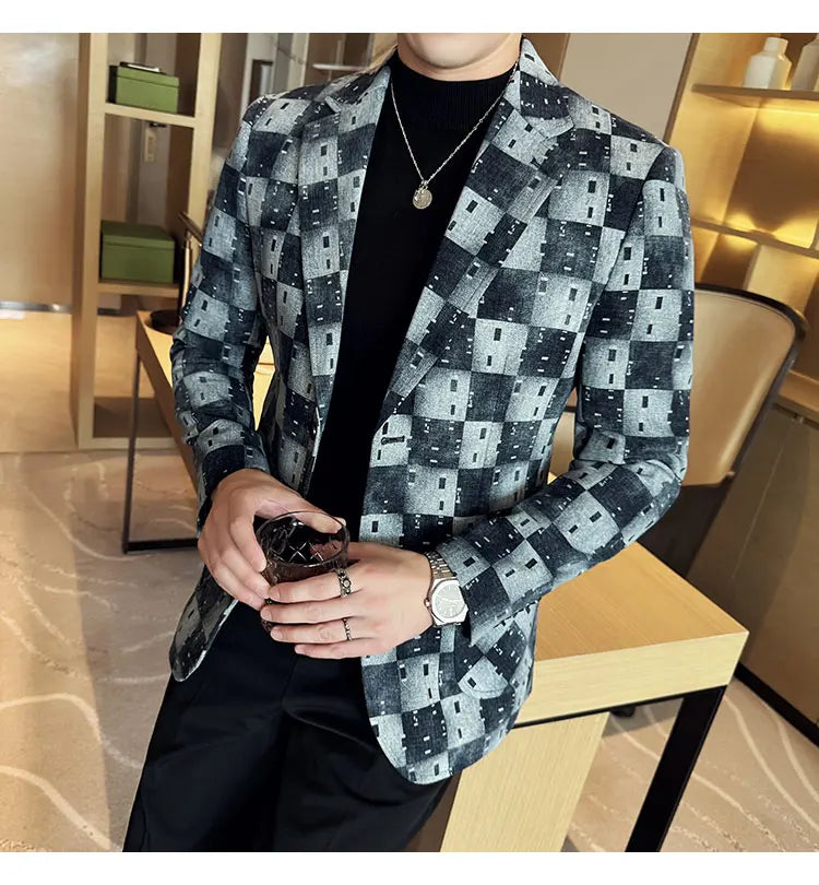 Korean Jacquard Denim Jacket for Men Autumn Winter Casual Business Men Blazers Slim Fit Wedding Social Dress Coat Men Clothing