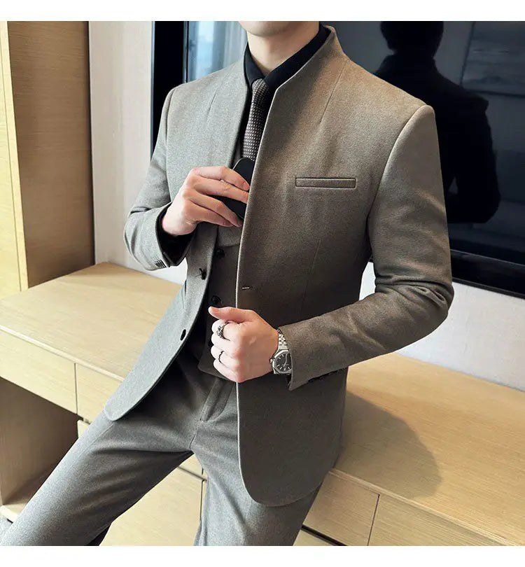Men's 3-Piece Slim Fit Stand Collar Suit – Wedding, Prom & Office Formal Set