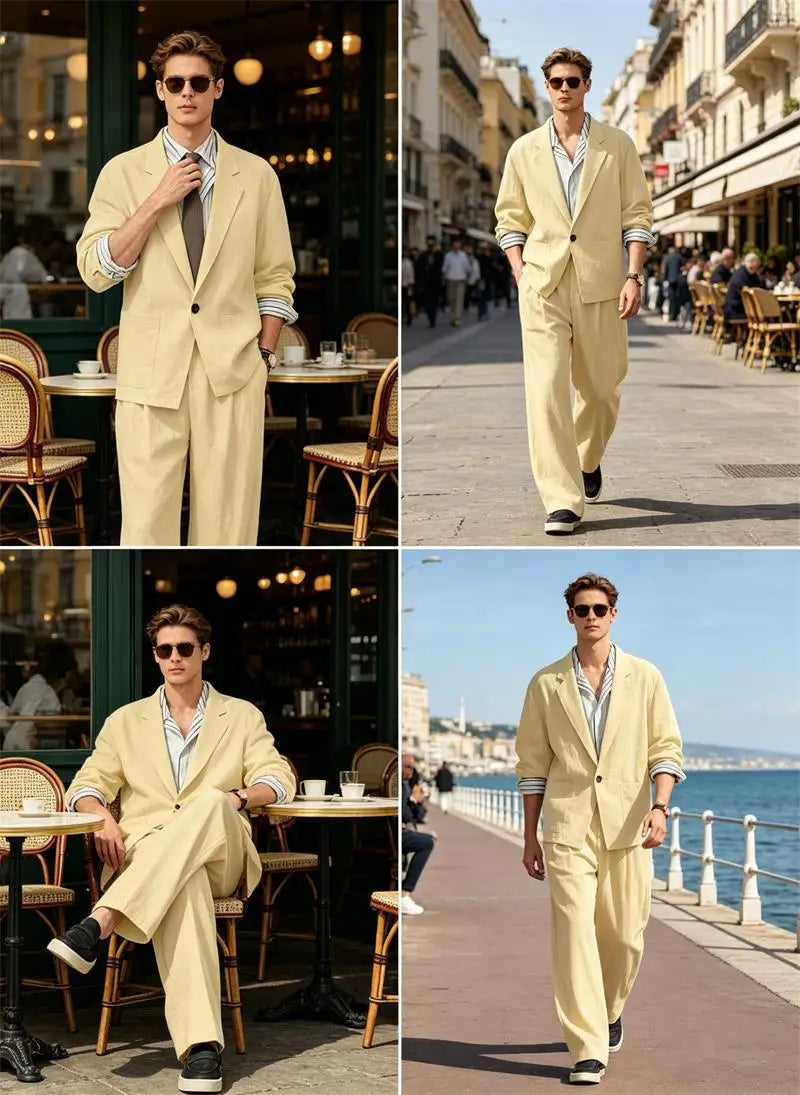 Men's Linen Blazer Suit Set Lightweight Breathable Casual Jacket Business Vacation Party Wedding Spring Summer Autumn Daily Wear
