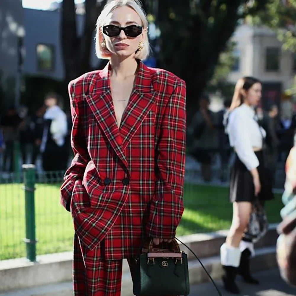 New Women's Two Pieces Pants Sets Double Buttons Classic Elegant Red Plaid Blazer Professional Business Wear Daily Office Suits