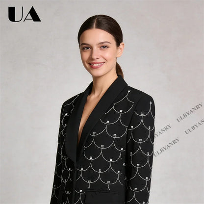 Women's Black Blazer with Silver Fish Scale Sequins, Slim Fit One Button Casual Business Jacket for Party Evening Prom