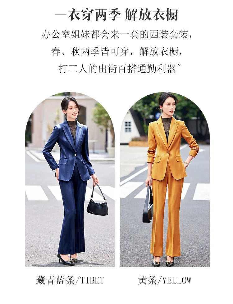 Women Blazer Pants Sets Yellow Two Pieces 2024 Autumn Workwear Trousers Formal Striped Navy Blue Long Sleeve Tops Pantsuit