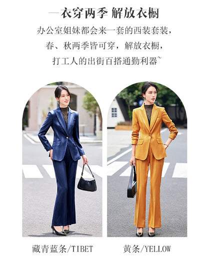 Women Blazer Pants Sets Yellow Two Pieces 2024 Autumn Workwear Trousers Formal Striped Navy Blue Long Sleeve Tops Pantsuit