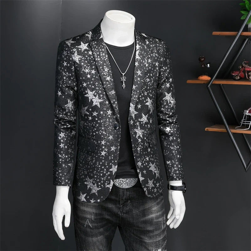 Men's Jacquard Blazer Star Print Slim Fit Tuxedo for Stage and Party
