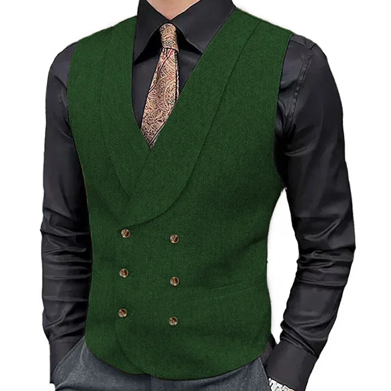 Men's Herringbone Double-Breasted Vest with Lapel – Brown Suit Waistcoat for Wedding & Formal Occasions