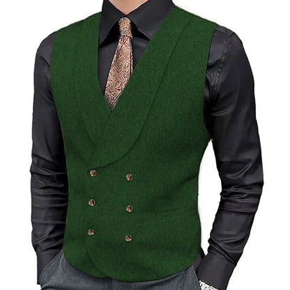 Men's Herringbone Double-Breasted Vest with Lapel – Brown Suit Waistcoat for Wedding & Formal Occasions