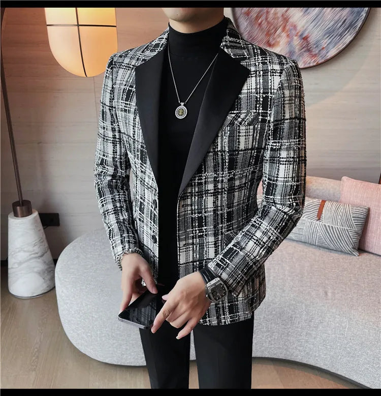 British Style Woven Suit Jacket Men Fashion Plaid Casual Business Blazer Gentleman Versatile Banquet Party Groom Wedding Coats