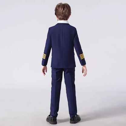 Boys Grils Pilot Uniform Suit Kids Formal Jakcet Pants Tuxedo Wedding Dress Children Birthday Photography Outfit Set