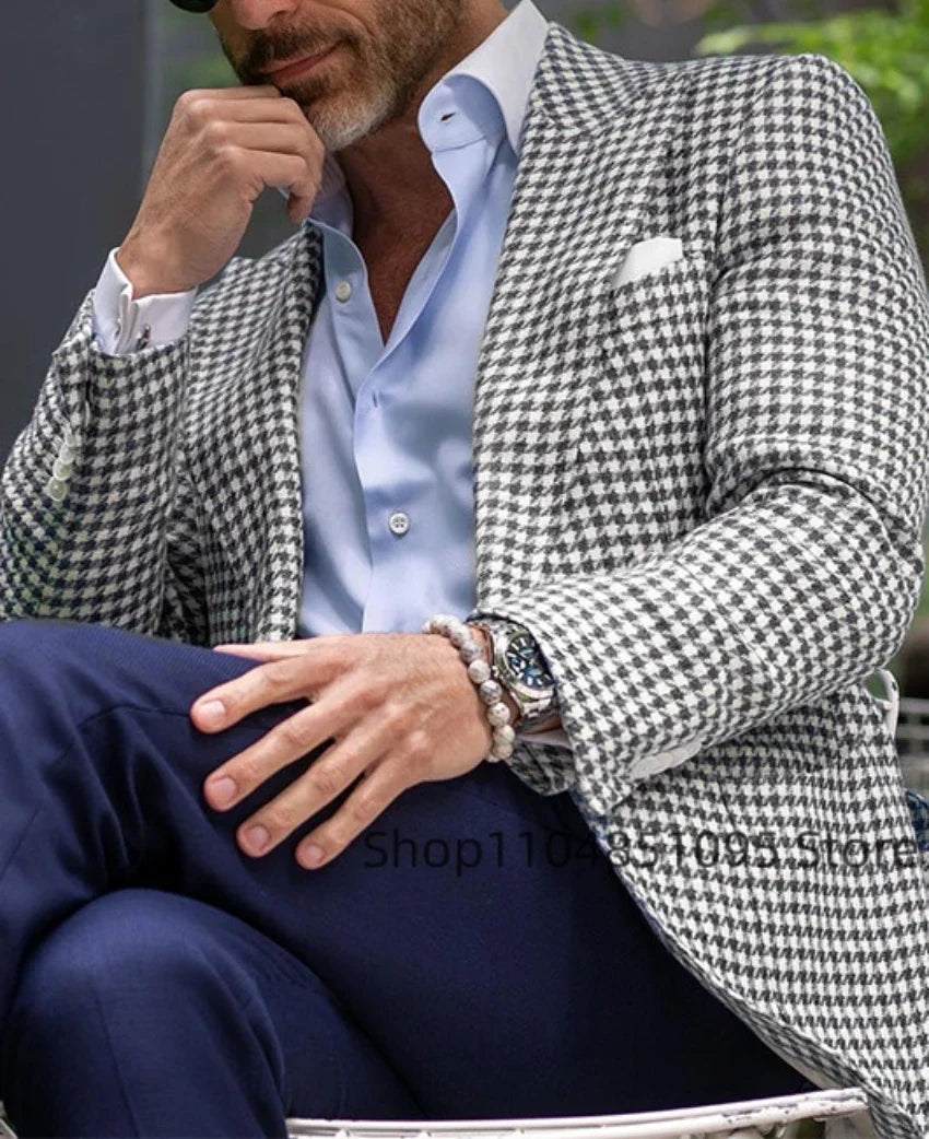 Pink Houndstooth Suit Jacket Woolen Suit Blazer Business Top Single Breasted Slim Fit Plaid Suit Jacket Wedding Warm Suits Coat