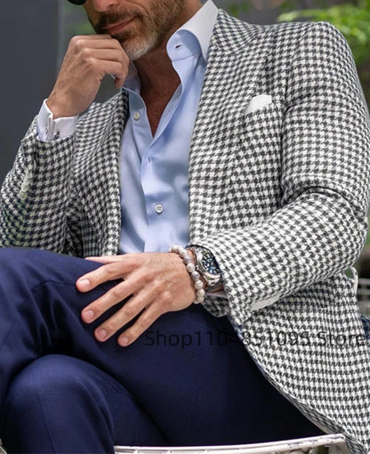 Pink Houndstooth Suit Jacket Woolen Suit Blazer Business Top Single Breasted Slim Fit Plaid Suit Jacket Wedding Warm Suits Coat