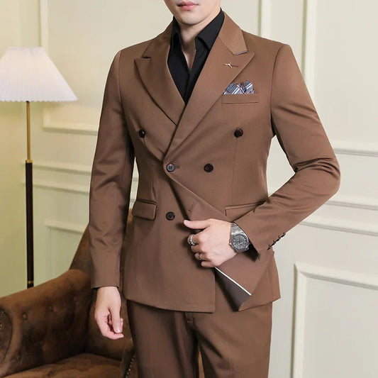 Men's Double Breasted Slim Fit Wedding Suit Two-Piece Set — Multiple Colors, Sizes M to 5XL