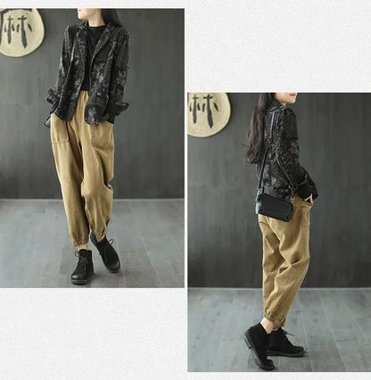 Women's Retro Chinese Style Denim Jacket Bamboo Flower Print Casual Loose Single Breasted Jean Blazer Women Vintage Outerwear