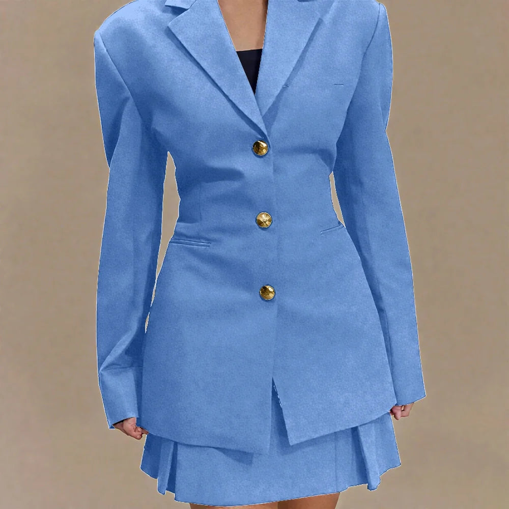 Women's Pleated Skirt Suit Set 2025 2Pieces(Tailored Blazer&High Waist Skirt) Office Chic Single-breasted Notch Lapel Outfit
