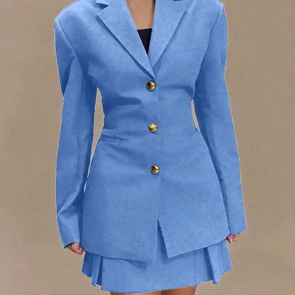 Women's Pleated Skirt Suit Set 2025 2Pieces(Tailored Blazer&High Waist Skirt) Office Chic Single-breasted Notch Lapel Outfit