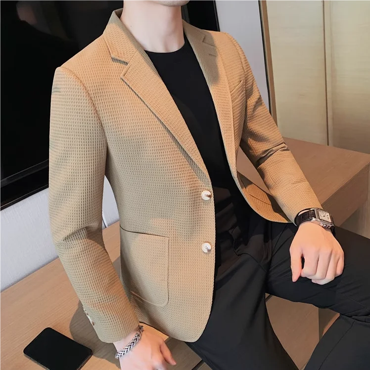 2025 Spring New Waffle Suit Coats Men Slim Fit Business Casual Blazer Jacket Homme Formal Groom Prom Wedding Tuxedo 4XL-M