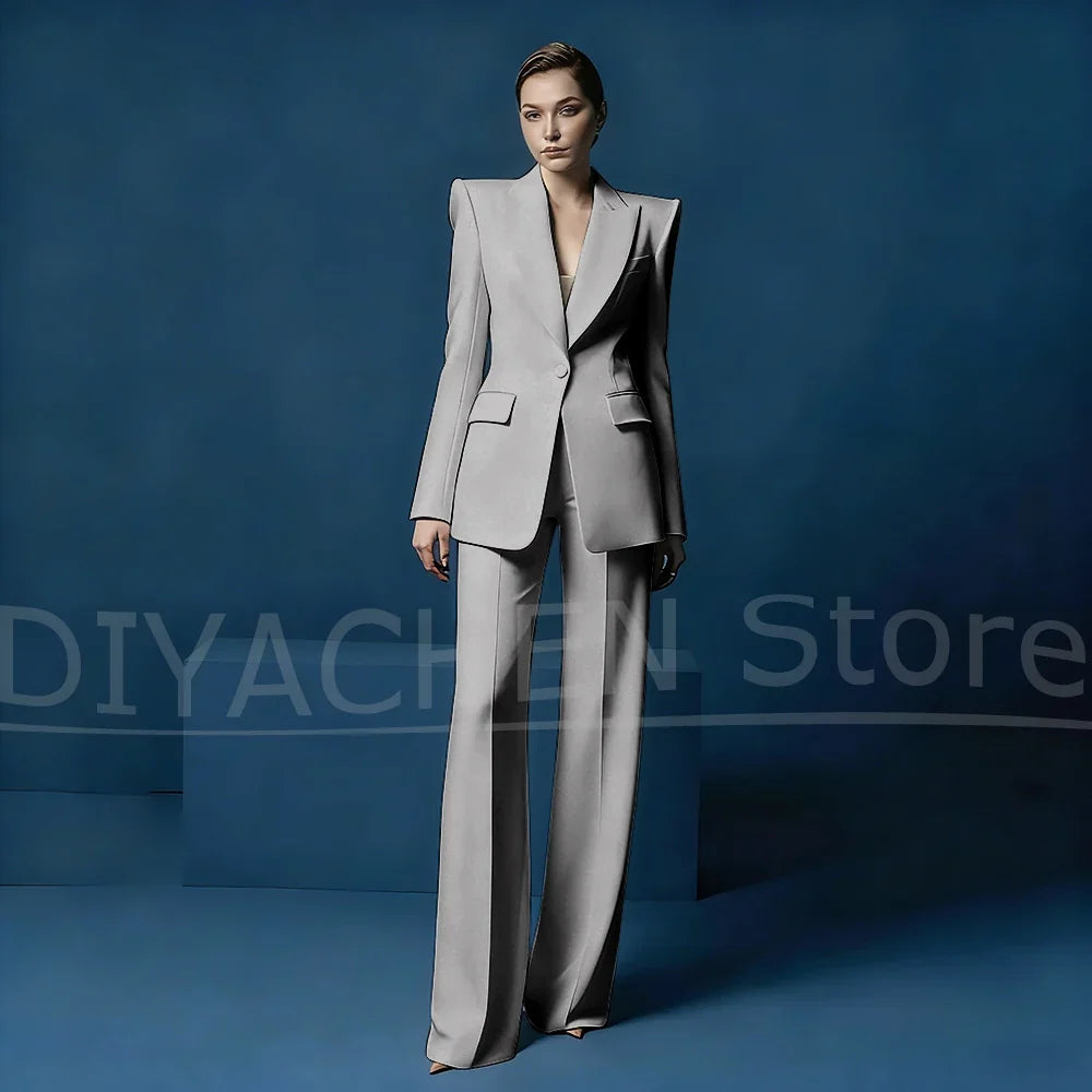 Women's Blazer and Wide-Leg Pants Suit Set Slim Fit One Button Jacket with Peak Lapel Elegant Formal Outfits for Office Party