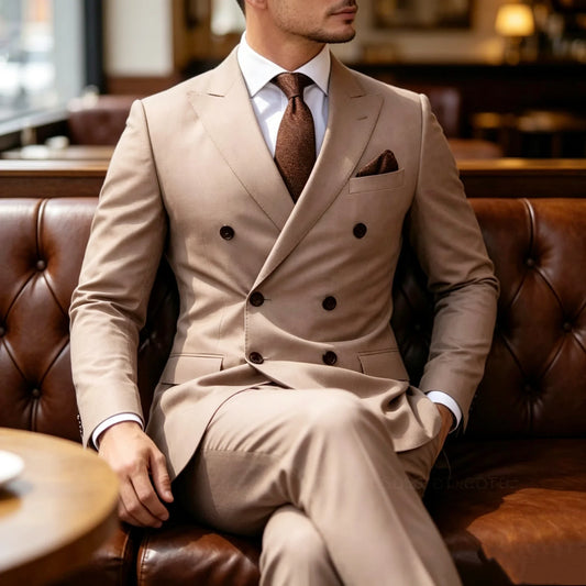 Elegant Men's 2PCS Suits Peak Lapel Double Breasted Blazer Set Formal Business Suit for Party Prom Wedding Tuxedo (Jacket+Pants)