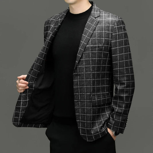 Men's Slim Fit Sheepskin Leather Blazer – Black Single Breasted Suit Jacket for Smart Casual Wear