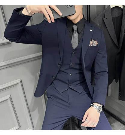 Men's 3 Piece Suit Set Double‑Button Slim Fit Solid Color Business Casual Wedding Party Jacket Vest Pants Formal Outfit for Men
