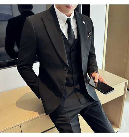 Men's 3 Piece Suit Set Double‑Button Solid Color Slim Fit Business Casual Wedding Banquet Party Jacket Vest Pants Formal Outfit