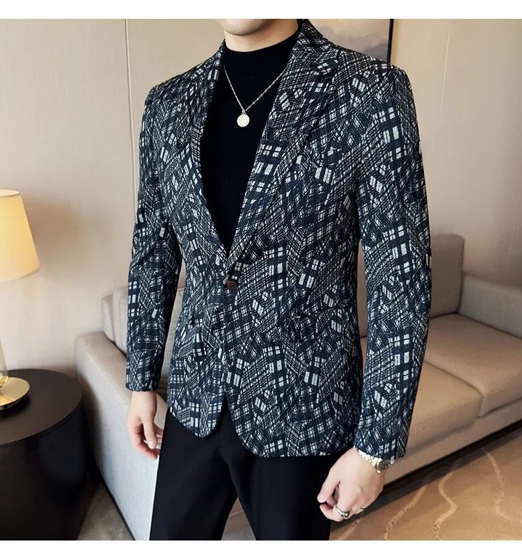 Korean Slim Fit Casual Suit Jacket for Men Fashion Camouflage Business Social Blazers Wedding Streetwear Dress Coat Men Clothing